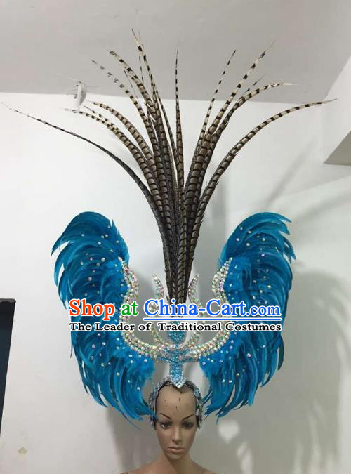 Professional Samba Dance Hair Accessories Brazilian Rio Carnival Blue Feather Headdress for Women