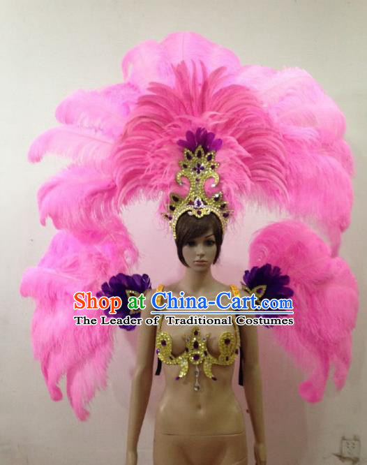 Customized Halloween Catwalks Props Brazilian Rio Carnival Samba Dance Pink Feather Deluxe Wings and Headwear for Women