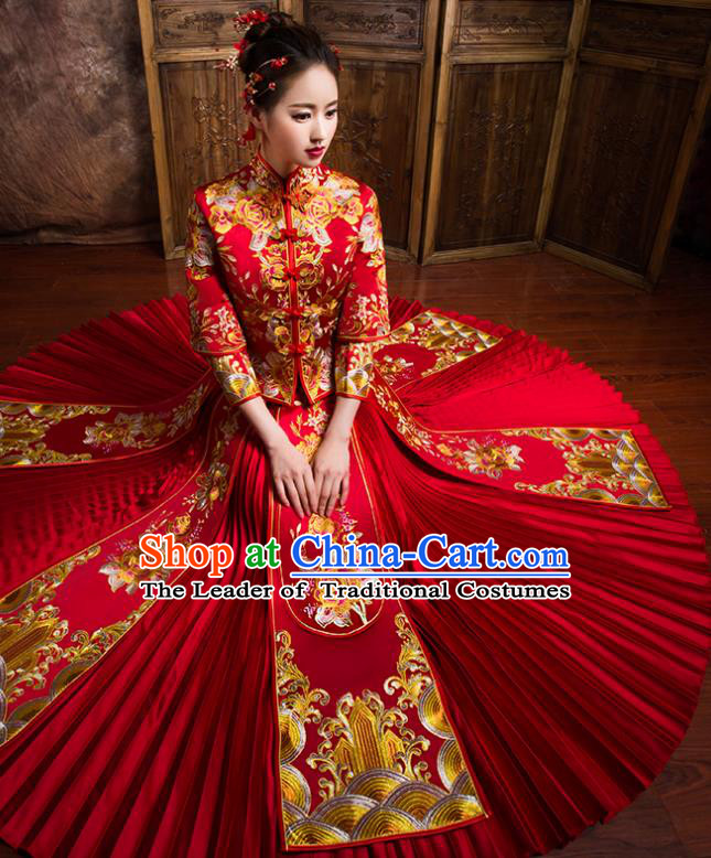 Traditional Chinese Bridal Costumes Ancient Bride Wedding Embroidered Peony Red XiuHe Suit for Women