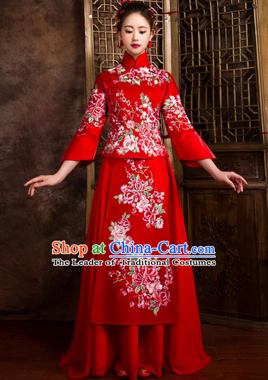 Traditional Chinese Bridal Costumes Ancient Bride Toast Clothing Wedding Embroidered Peony XiuHe Suit for Women