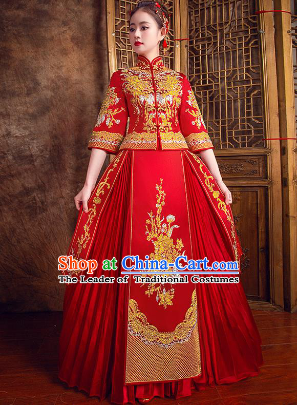 Traditional Chinese Bridal Costumes Ancient Bride Red Toast Clothing Wedding Embroidered Diamante XiuHe Suit for Women