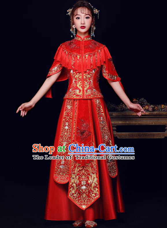 Traditional Chinese Bridal Costumes Ancient Bride Red Embroidered Longfeng Flown Wedding Diamante XiuHe Suit for Women