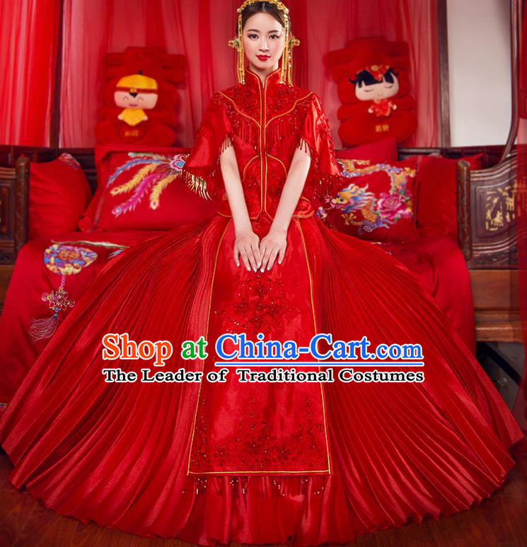 Traditional Chinese Bridal Wedding Costumes Ancient Bride Red Embroidered Longfeng Flown XiuHe Suit for Women