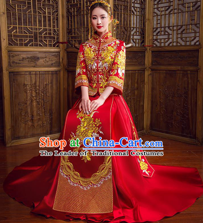 Traditional Chinese Bridal Wedding Costumes Ancient Bride Red Embroidered Peony Longfeng Flown XiuHe Suit for Women
