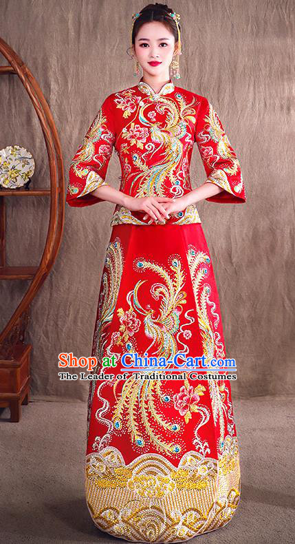 Traditional Chinese Wedding Bridal Costumes Ancient Bride Red Embroidered Phoenix Full Dress XiuHe Suit for Women