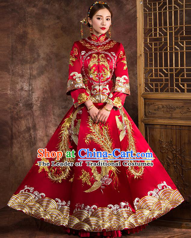 Traditional Chinese Female Wedding Costumes Ancient Red Embroidered Phoenix Full Dress XiuHe Suit for Bride