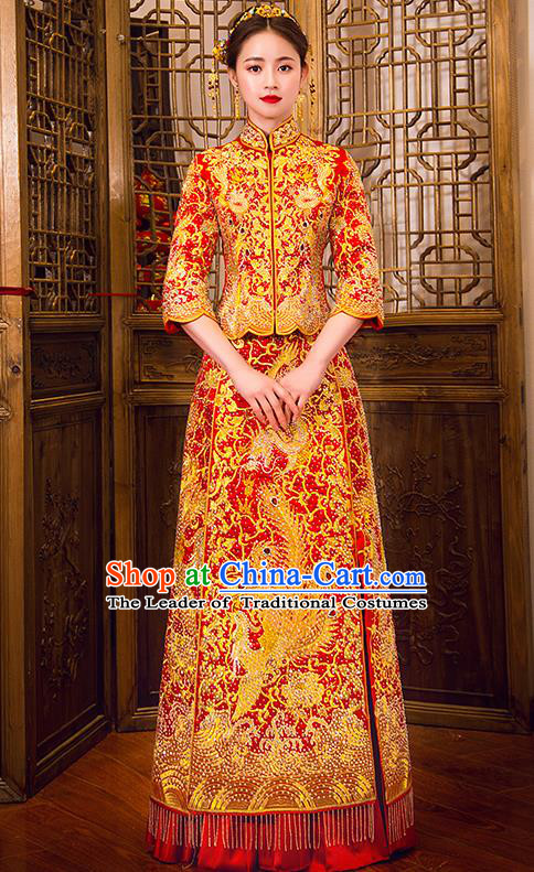 Traditional Chinese Female Wedding Costumes Ancient Embroidered Phoenix Full Dress Red XiuHe Suit for Bride