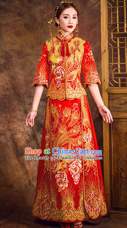Traditional Chinese Female Wedding Costumes Ancient Embroidered Peony Full Dress Red XiuHe Suit for Bride