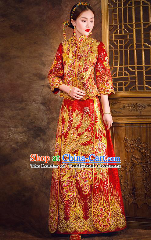 Traditional Chinese Female Wedding Costumes Ancient Embroidered Peony Flowers Full Dress Red XiuHe Suit for Bride