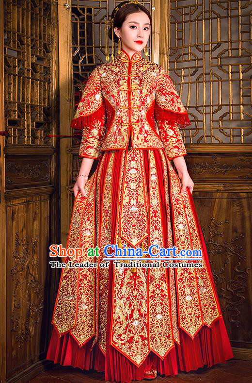 Traditional Chinese Female Wedding Costumes Ancient Embroidered Diamante Full Dress Red XiuHe Suit for Bride
