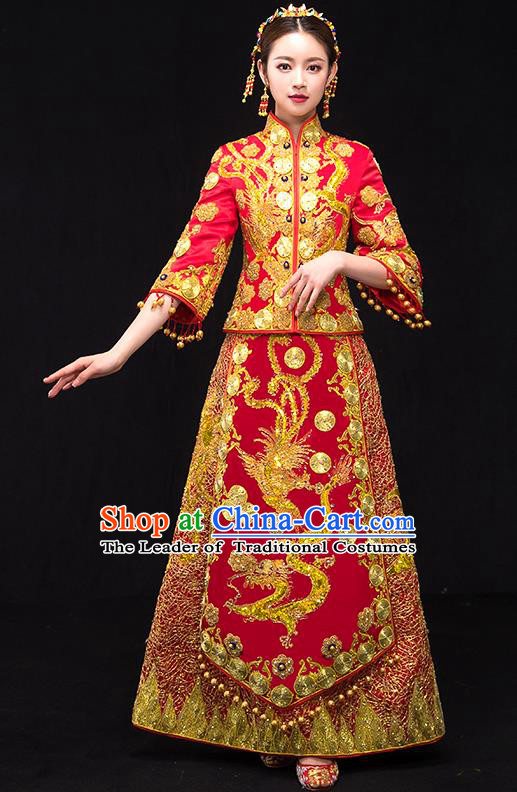 Traditional Chinese Female Wedding Costumes Ancient Embroidered Dragon Phoenix Red Full Dress XiuHe Suit for Bride