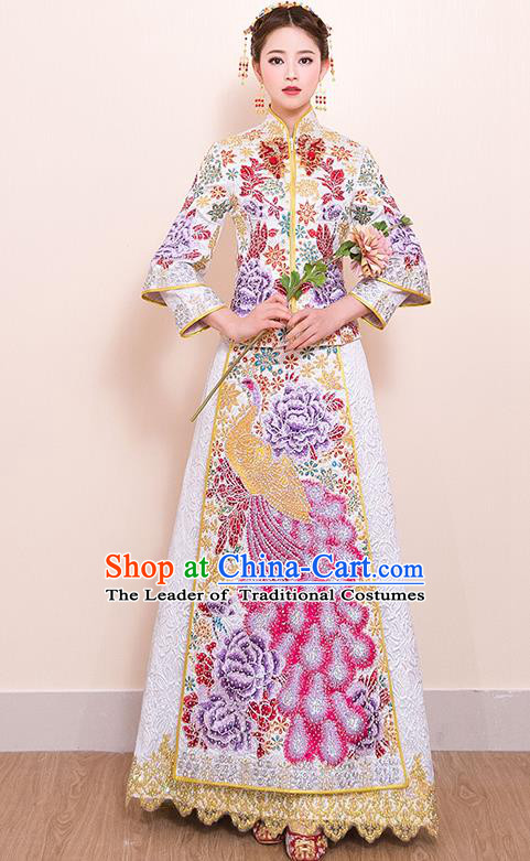 Traditional Chinese Style Female Wedding Costumes Ancient Embroidered Phoenix White Full Dress XiuHe Suit for Bride
