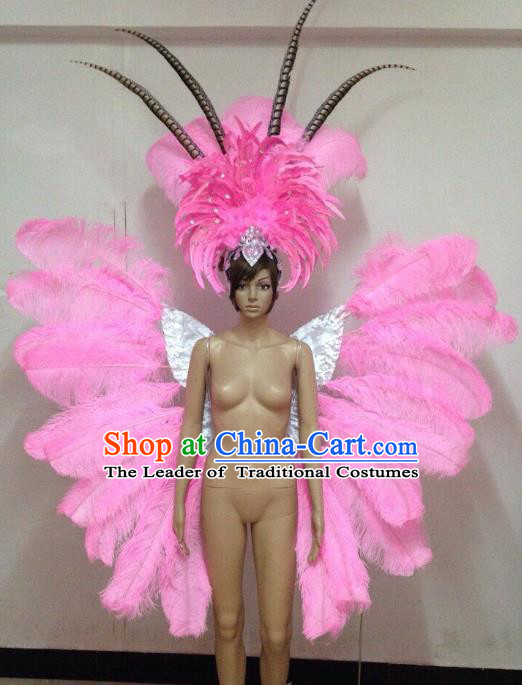 Customized Halloween Catwalks Props Brazilian Rio Carnival Samba Dance Pink Feather Deluxe Butterfly Wings and Headwear for Women