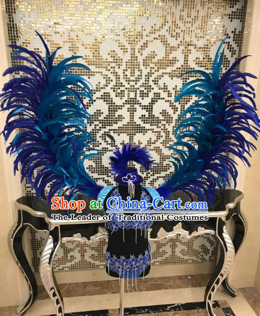 Brazilian Rio Carnival Samba Dance Costumes Catwalks Blue Feather Swimwear and Wings for Kids