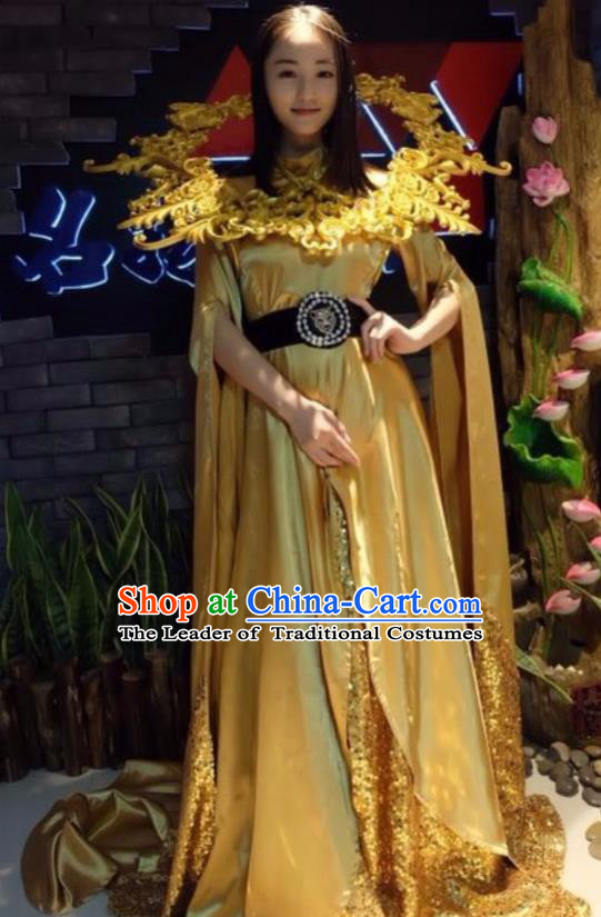 Top Grade Catwalks Costume Stage Performance Golden Dress for Women