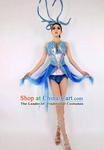 Top Grade Catwalks Costume Blue Dress Halloween Stage Performance Brazilian Carnival Clothing for Women