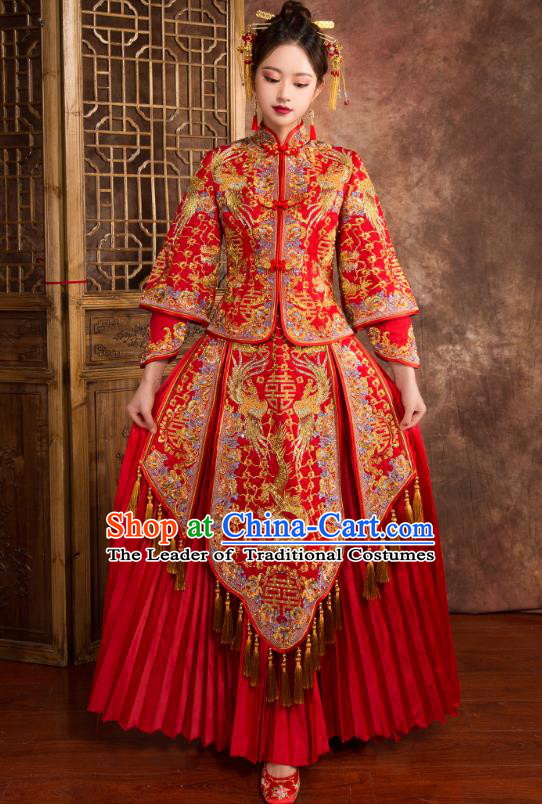 Chinese Traditional Wedding Costumes Ancient Bride Embroidered Dragon Phoenix Diamante Xiuhe Suit for Women