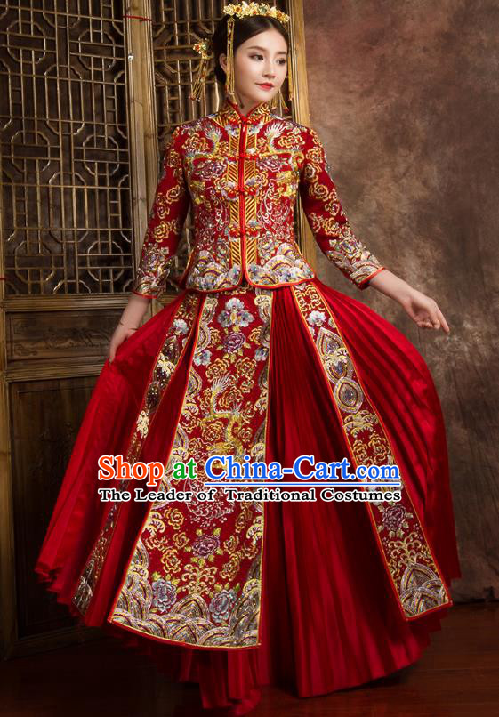 Chinese Traditional Wedding Costumes Ancient Bride Embroidered Dragon Peony Diamante Xiuhe Suit for Women