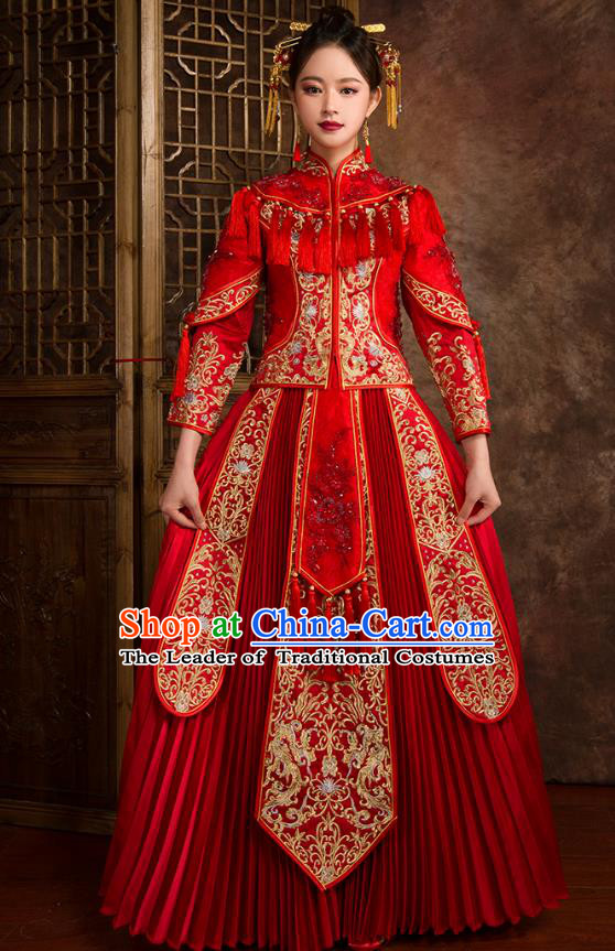 Traditional Chinese Wedding Red Costumes Ancient Bride Embroidered XiuHe Suit for Women