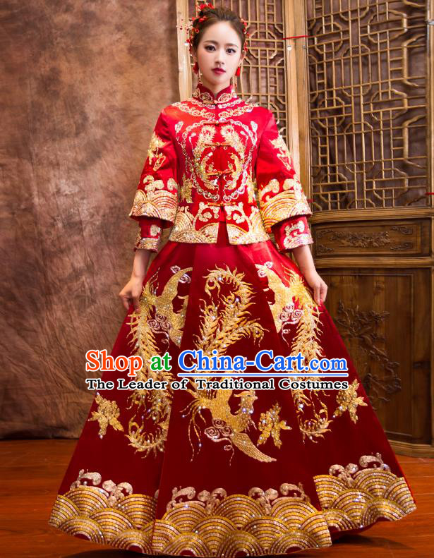 Traditional Chinese Bridal Costumes Ancient Bride Wedding Embroidered Peony Phoenix XiuHe Suit for Women