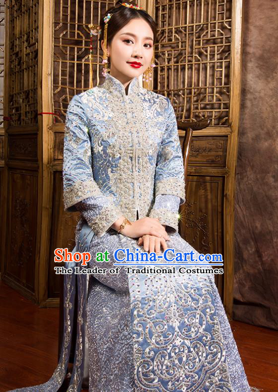 Traditional Chinese Bridal Costumes Ancient Bride Wedding Embroidered Blue XiuHe Suit for Women