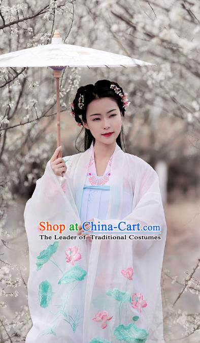 Ancient Chinese Tang Dynasty Princess Hanfu Dress Embroidered Lotus Cloak and Inside Clothing Plus Accessories for Women