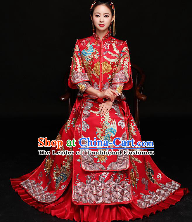 Traditional Chinese Female Wedding Red Costumes Ancient Embroidered Phoenix Bottom Drawer XiuHe Suit for Bride