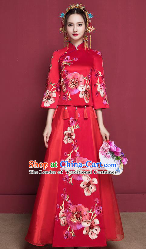Traditional Chinese Female Wedding Costumes Ancient Red Bottom Drawer Embroidered Peach Blossom XiuHe Suit for Bride