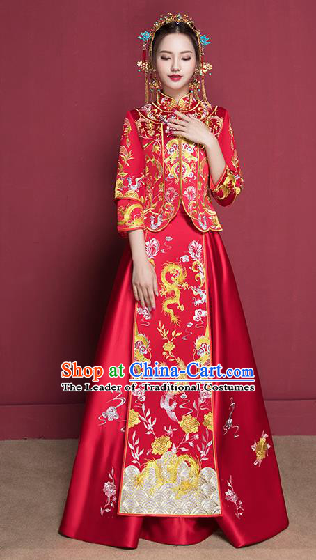 Traditional Chinese Wedding Costumes Full Dress Ancient Red Bottom Drawer Embroidered XiuHe Suit for Bride