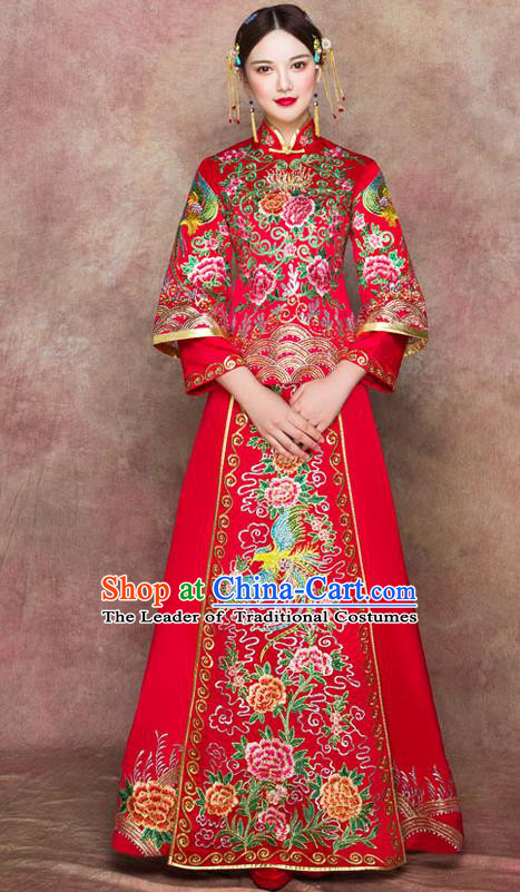 Traditional Chinese Wedding Costumes Embroidered Peony Full Dress Ancient Bottom Drawer XiuHe Suit for Bride