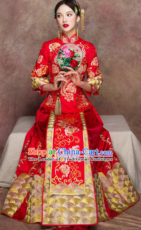 Traditional Chinese Wedding Costumes Embroidered Peony Full Dress Red XiuHe Suit Ancient Bottom Drawer for Bride
