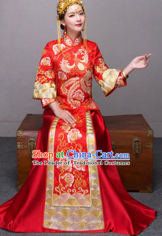 Traditional Chinese Wedding Costumes Embroidered Peony Red Full Dress XiuHe Suit Ancient Bottom Drawer for Bride