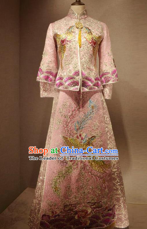 Traditional Chinese Style Female Wedding Costumes Ancient Embroidered Phoenix Bottom Drawer Pink XiuHe Suit for Bride