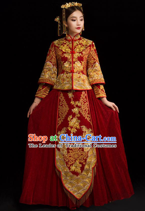 Traditional Chinese XiuHe Suit Wedding Costumes Embroidered Red Full Dress Ancient Bottom Drawer for Bride