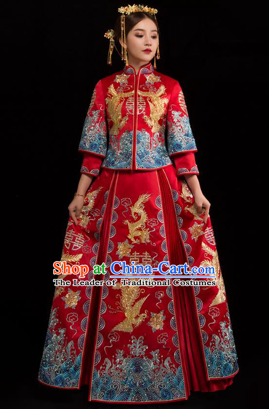 Traditional Chinese XiuHe Suit Wedding Costumes Embroidered Diamante Full Dress Ancient Bottom Drawer for Bride