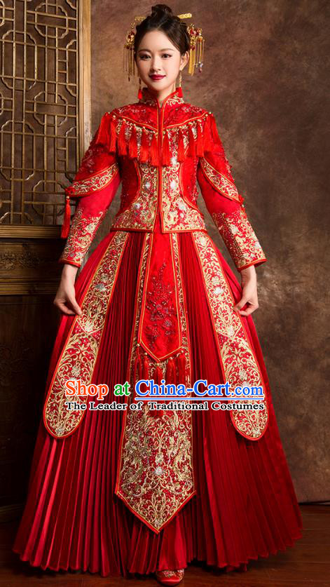 Traditional Chinese Embroidered Diamante Red XiuHe Suit Wedding Costumes Full Dress Ancient Bottom Drawer for Bride