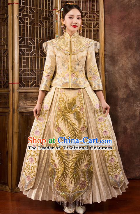 Traditional Chinese Embroidered Diamante Golden XiuHe Suit Wedding Costumes Full Dress Ancient Bottom Drawer for Bride
