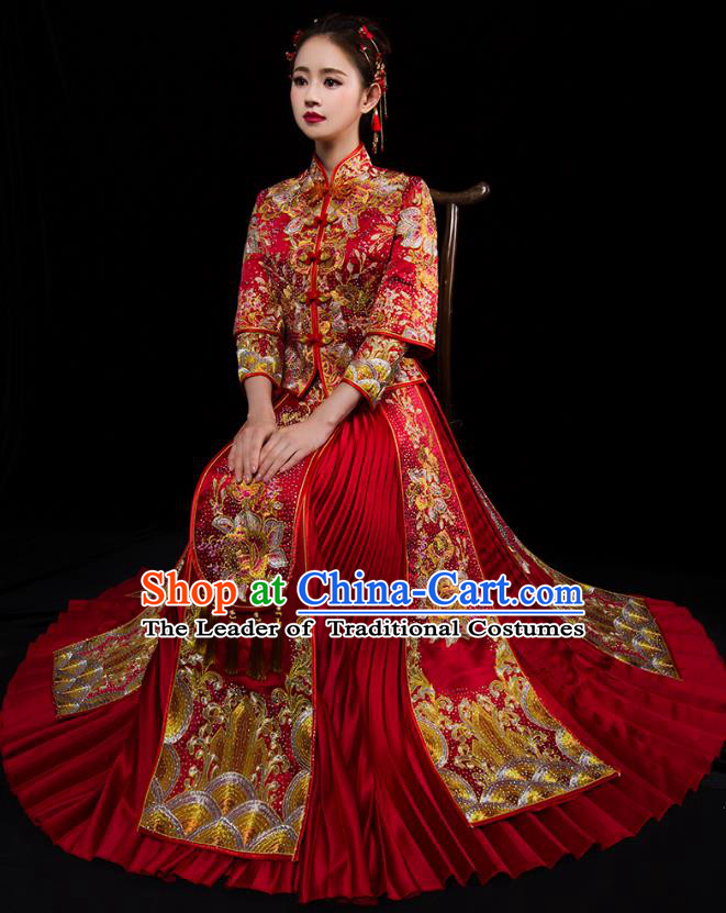 Traditional Chinese Embroidered Phoenix Diamante XiuHe Suit Wedding Costumes Full Dress Ancient Bottom Drawer for Bride