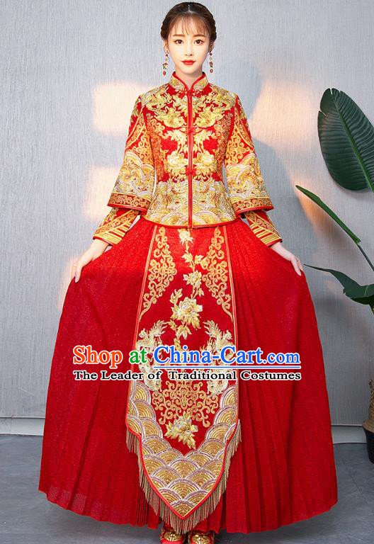 Traditional Chinese Ancient Bottom Drawer Wedding Costumes Embroidered Dragons Peony XiuHe Suit for Women