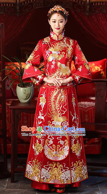 Chinese Ancient Embroidered Phoenix Wedding Costumes Bride Red Formal Dresses XiuHe Suit for Women