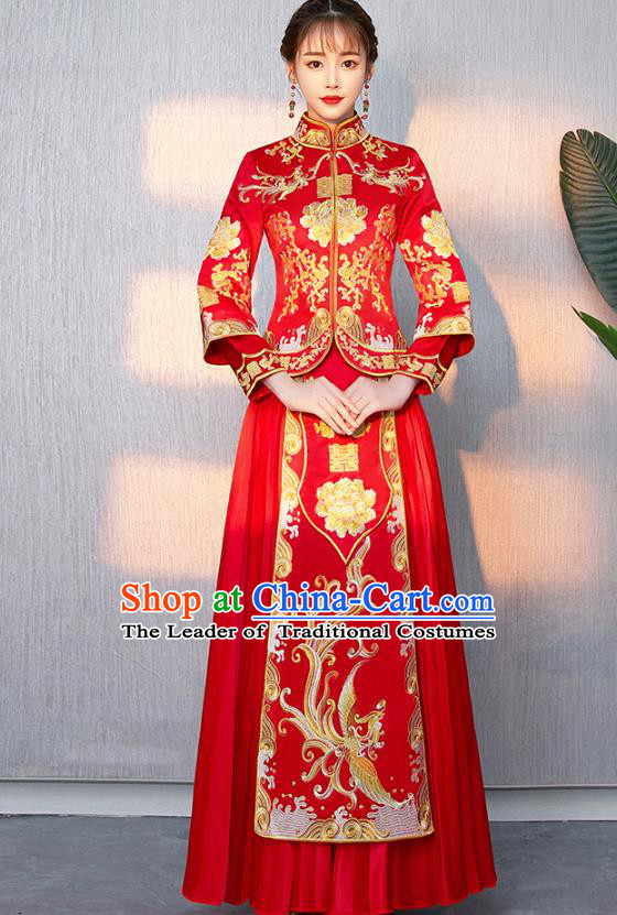 Traditional Chinese Ancient Bottom Drawer Wedding Costumes Embroidered Phoenix Peony Red XiuHe Suit for Women