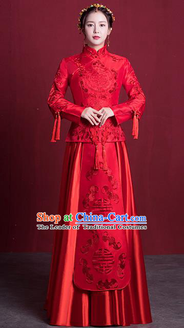 Chinese Ancient Embroidered Wedding Costumes Bride Formal Dresses Red XiuHe Suit for Women