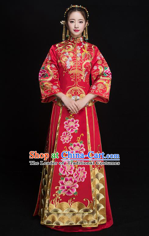 Chinese Ancient Embroidered Peony Wedding Costumes Bride Formal Dresses Red XiuHe Suit for Women