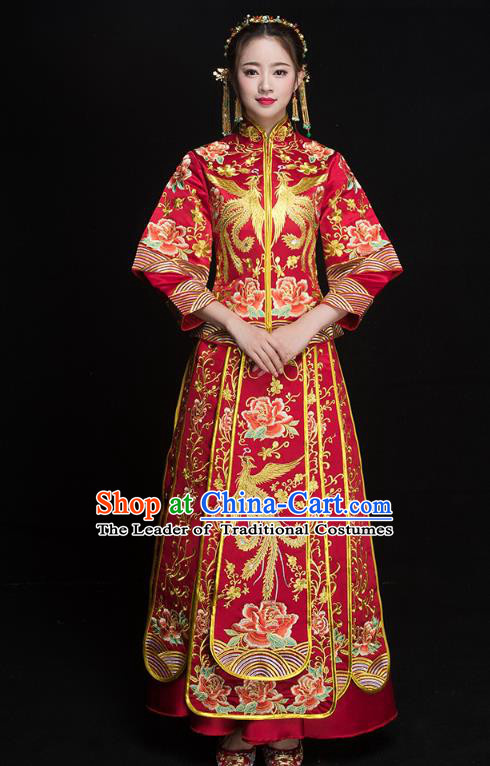 Chinese Ancient Wedding Costumes Bride Formal Dresses Embroidered Phoenix Peony Red XiuHe Suit for Women