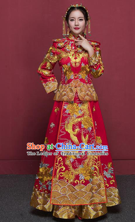 Chinese Ancient Wedding Costumes Bride Trailing Formal Dresses Embroidered Phoenix Red XiuHe Suit for Women
