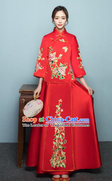 Chinese Ancient Wedding Costumes Bride Formal Dresses Embroidered Peony Butterfly XiuHe Suit for Women
