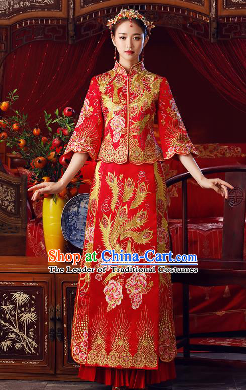 Chinese Ancient Bottom Drawer Traditional Wedding Costumes Embroidered Phoenix Peony Slim XiuHe Suit for Women