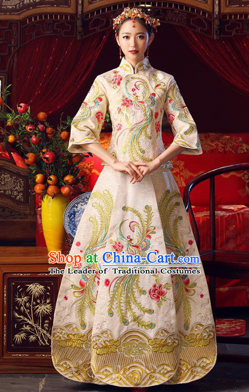 Chinese Ancient Bottom Drawer Traditional Wedding Costumes Embroidered Phoenix Golden XiuHe Suit for Women
