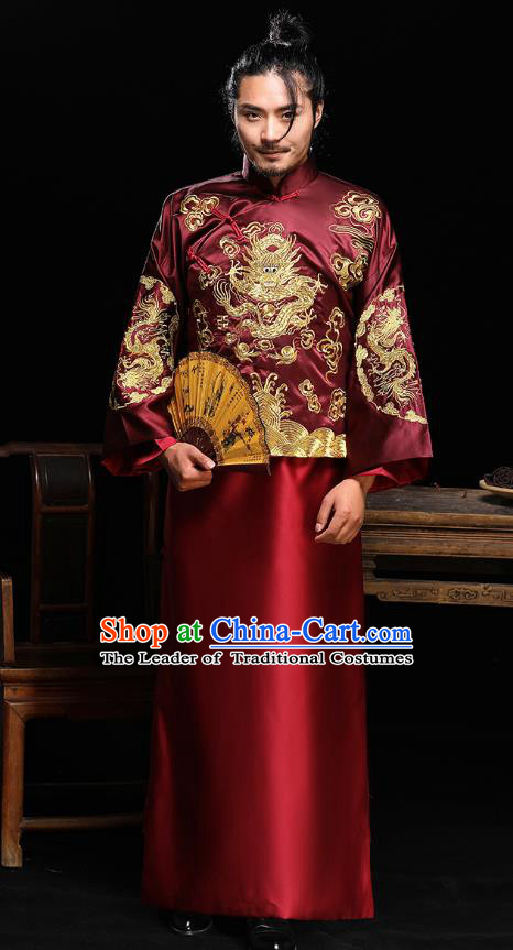 Traditional Ancient Chinese Wedding Wine Red Costumes Bridegroom Embroidered Dragon Tang Suit for Men