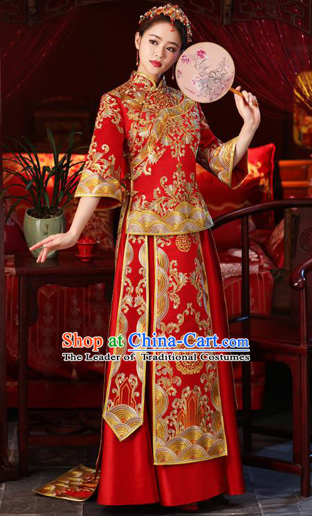 Chinese Ancient Embroidered Wedding Costumes Bride Red Trailing Formal Dresses XiuHe Suit for Women